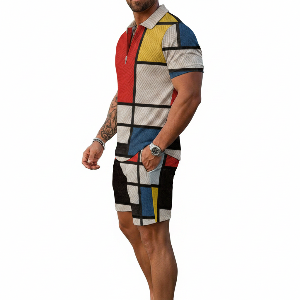 Men’s Color Block Zip Polo Shirt with Matching Shorts Set 33