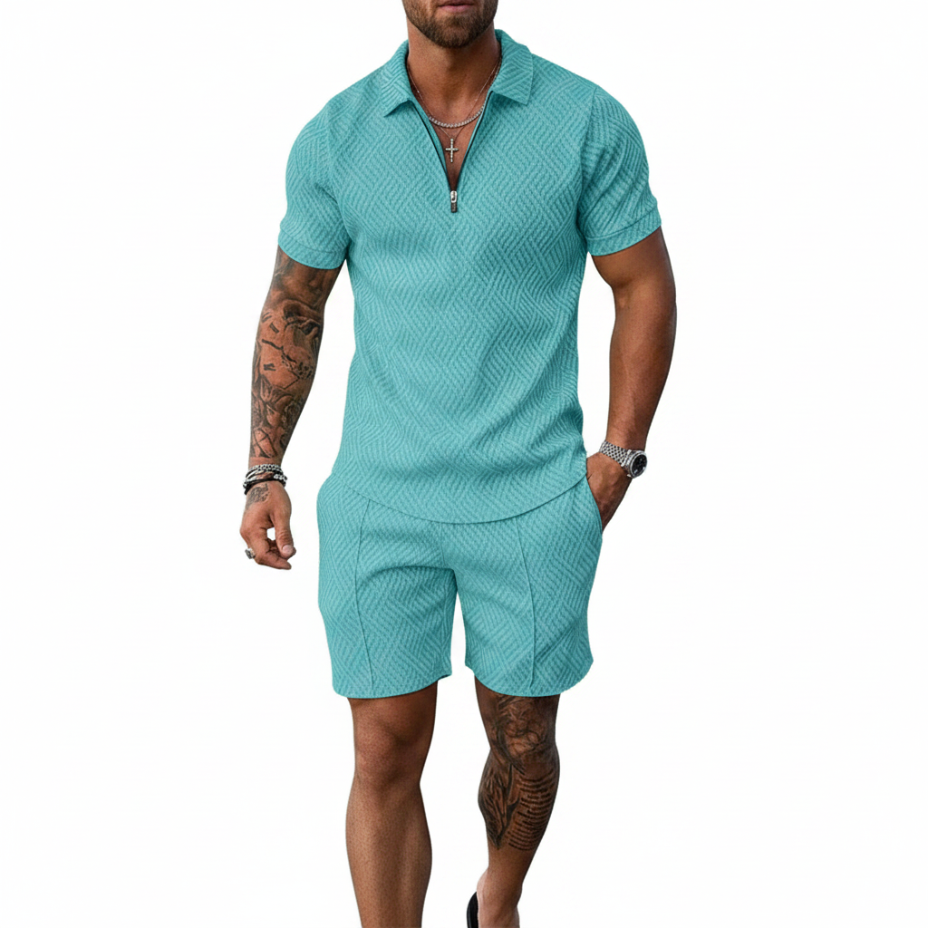 Men’s Color Block Zip Polo Shirt with Matching Shorts Set 31