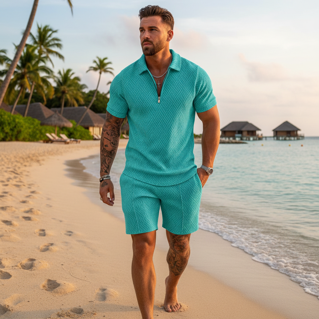 Men’s Color Block Zip Polo Shirt with Matching Shorts Set 28