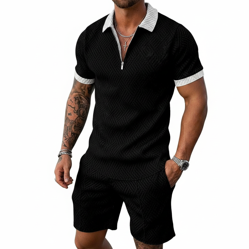 Men’s Color Block Zip Polo Shirt with Matching Shorts Set 23