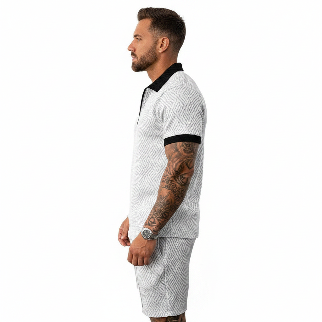 Men’s Color Block Zip Polo Shirt with Matching Shorts Set 20