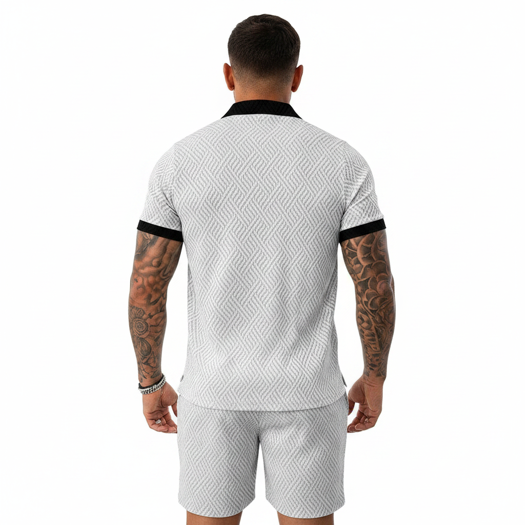 Men’s Color Block Zip Polo Shirt with Matching Shorts Set 19