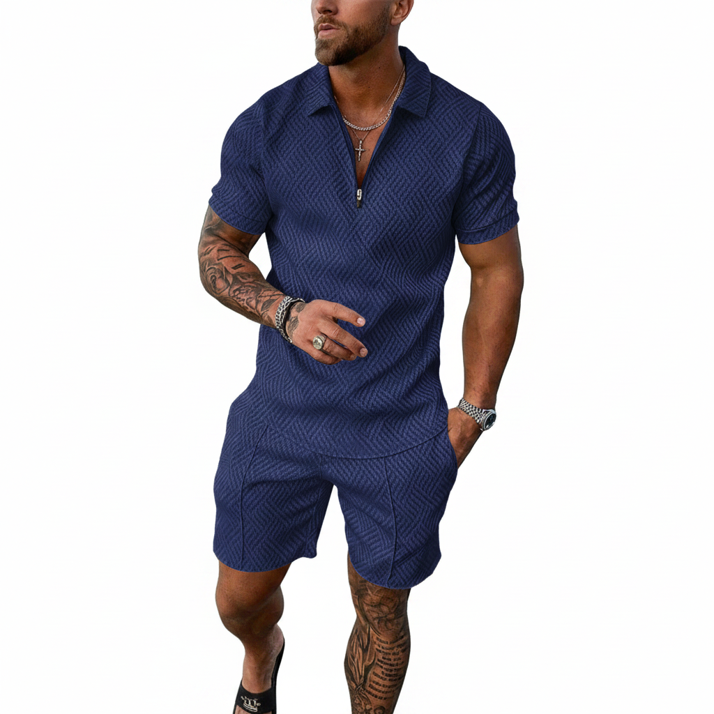 Men’s Color Block Zip Polo Shirt with Matching Shorts Set 13