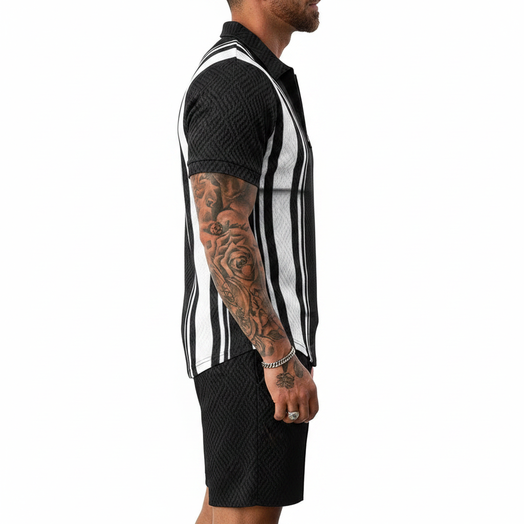 Men’s Color Block Zip Polo Shirt with Matching Shorts Set 11