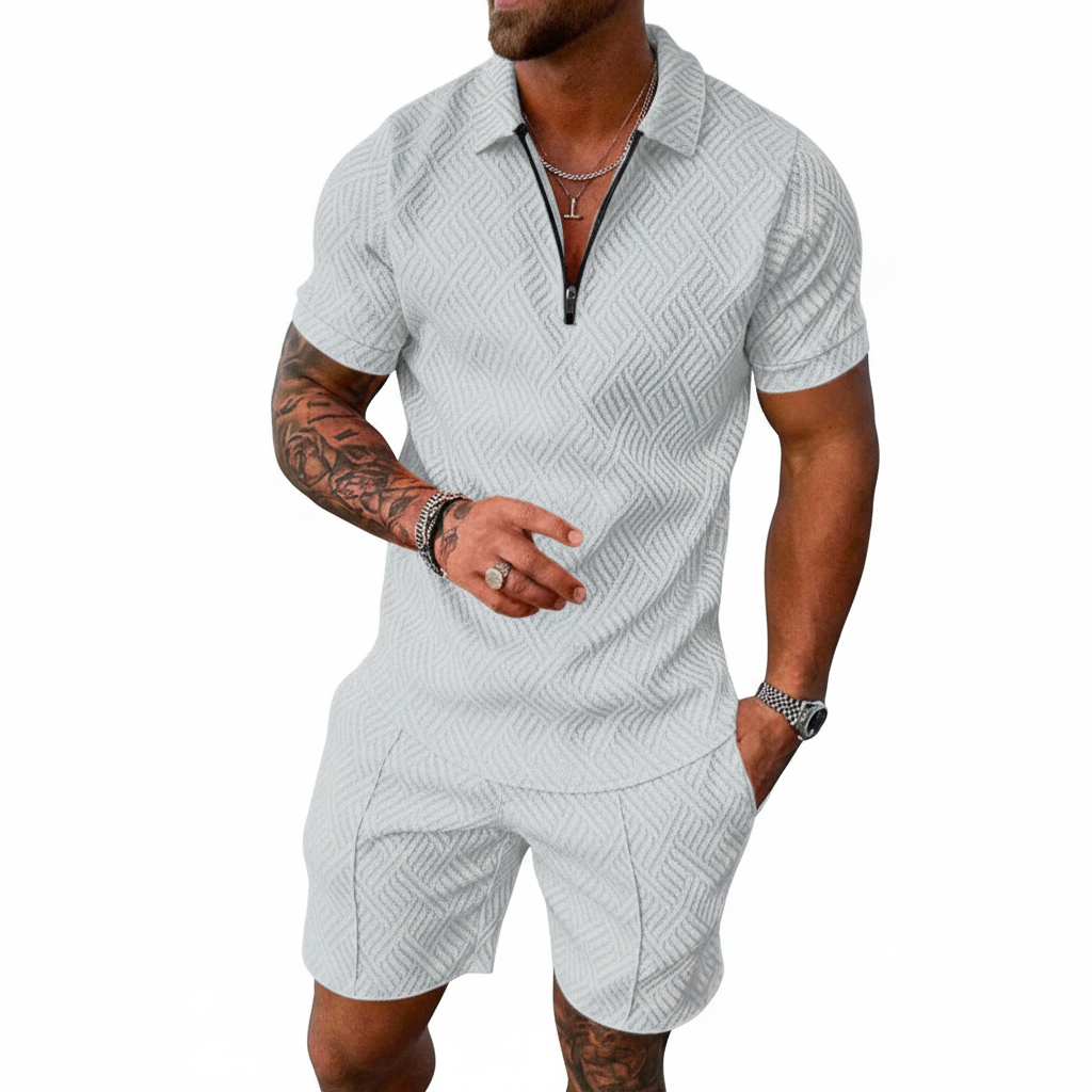 Men’s Color Block Zip Polo Shirt with Matching Shorts Set 24
