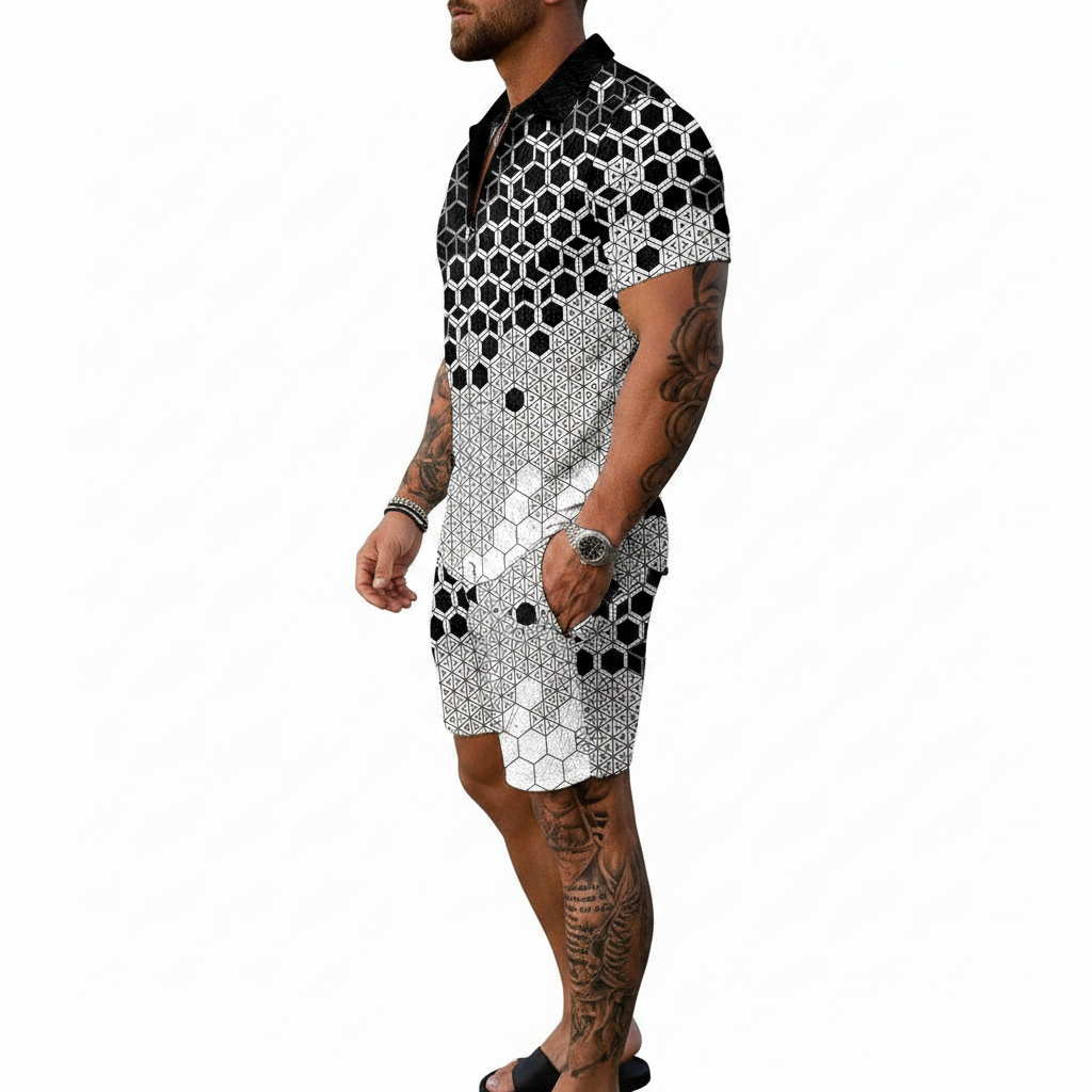 Men’s Color Block Zip Polo Shirt with Matching Shorts Set 6