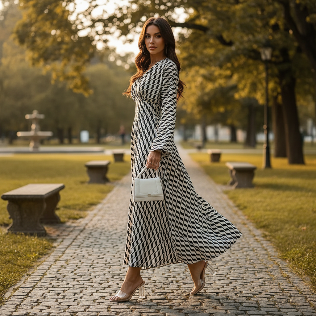 Women’s Geometric Print Maxi Dress with V-Neck Office Clothing 3