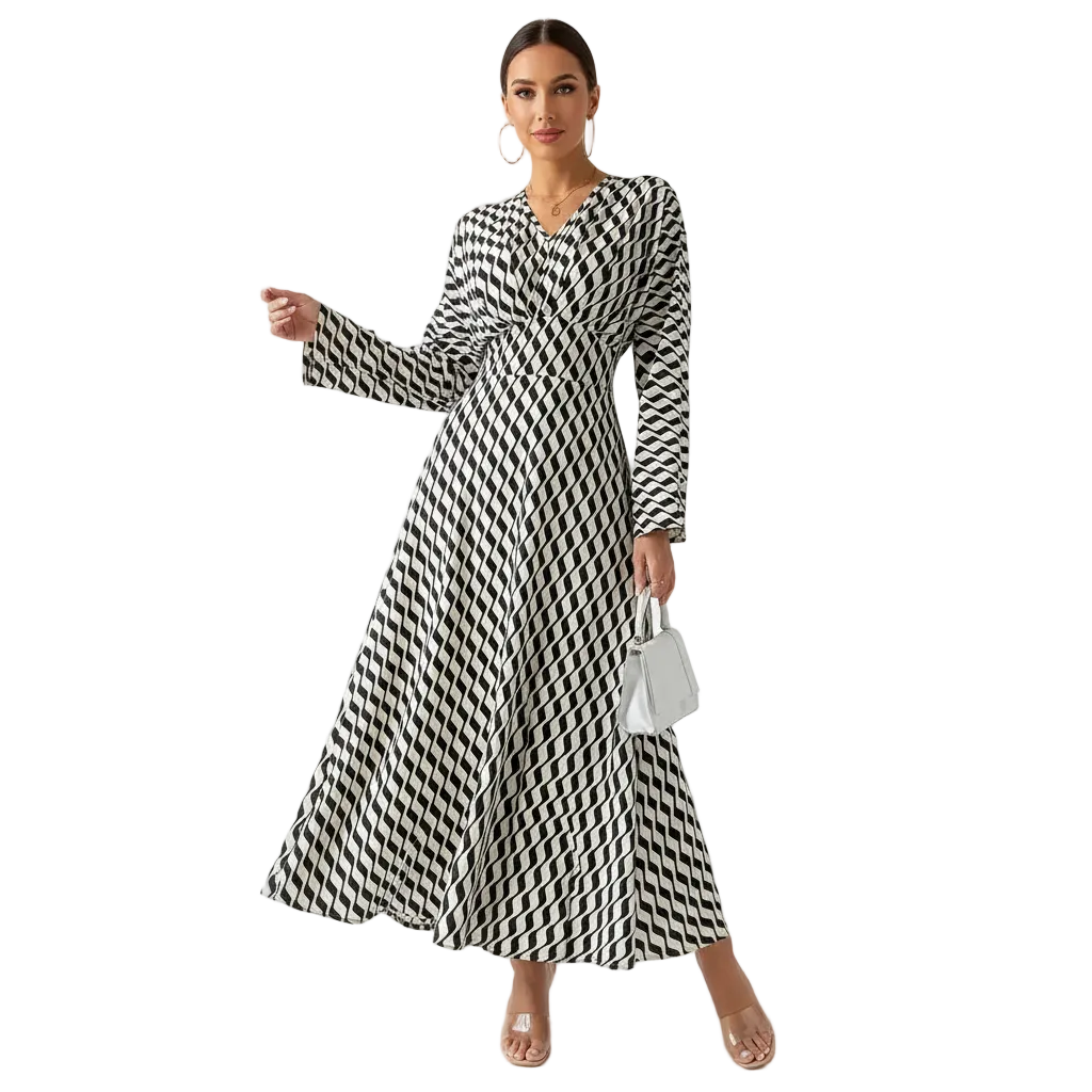 Women’s Geometric Print Maxi Dress with V-Neck Office Clothing