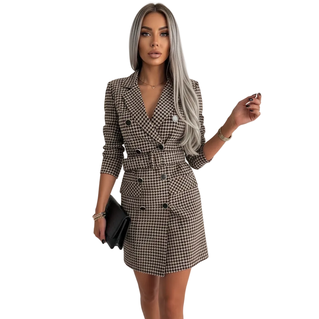 Women’s Plaid Double Breasted Blazer Mini Dress with Long Sleeves