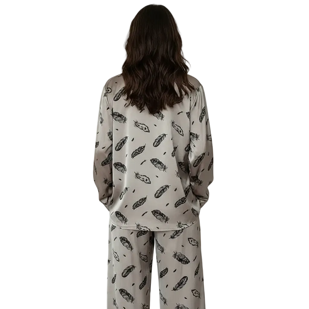 Women’s Feather Print Pajama Set with Long Sleeve Button Down Shirt 7