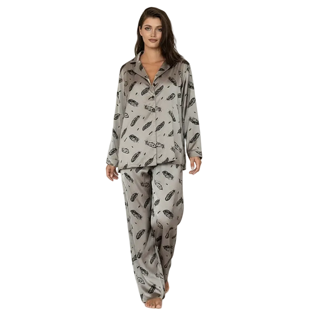Women’s Feather Print Pajama Set with Long Sleeve Button Down Shirt