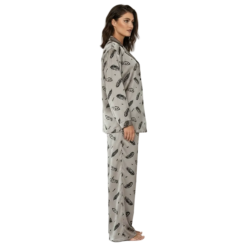 Women’s Feather Print Pajama Set with Long Sleeve Button Down Shirt 6