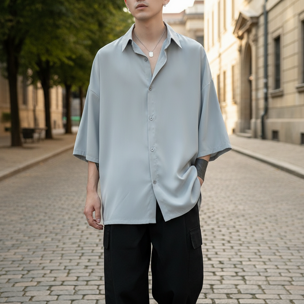 Men’s Oversized Button-Up Shirt with Relaxed Fit for Casual Shirt 3