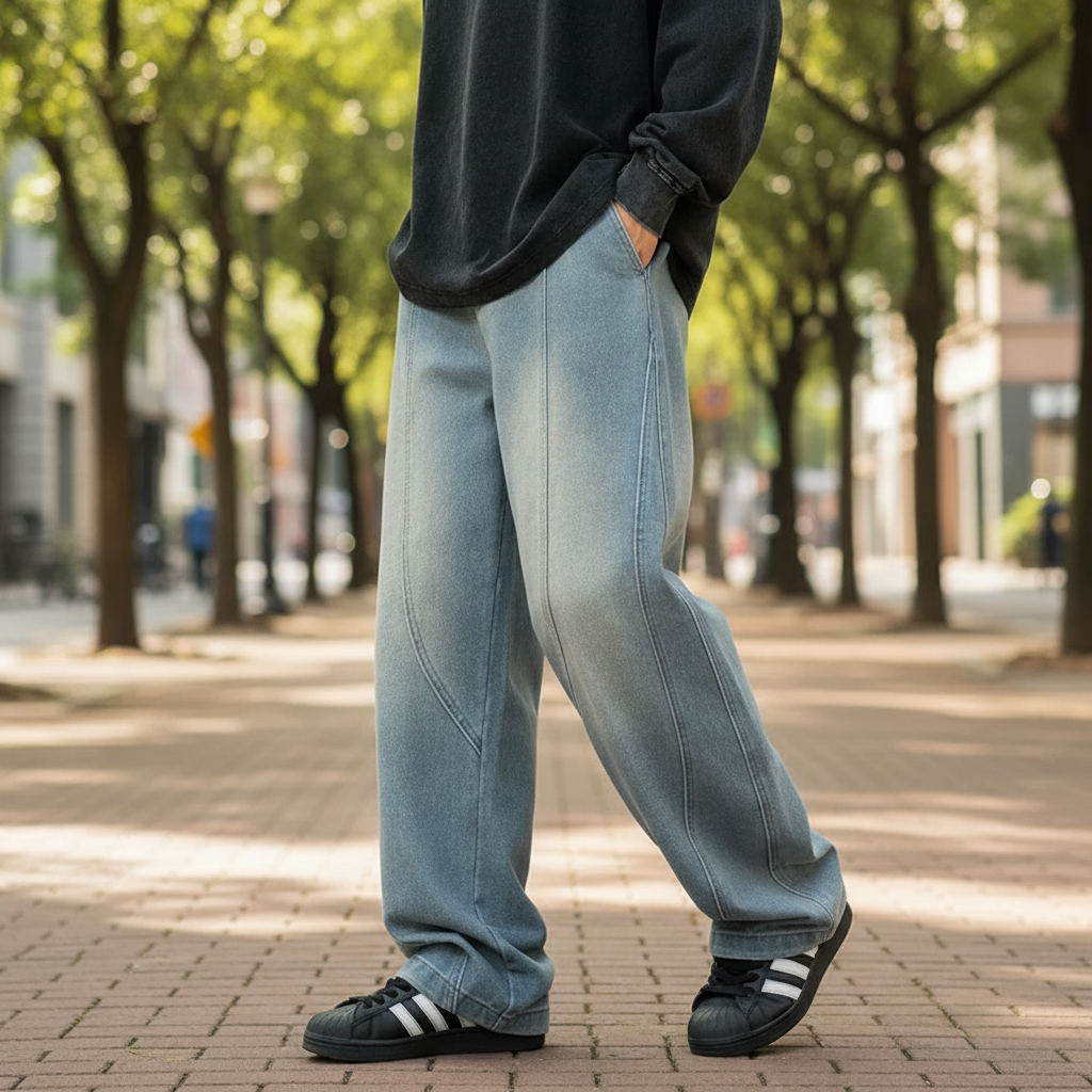 Men's Loose Fit Straight Leg Denim Pants with Mid Waist Design 3