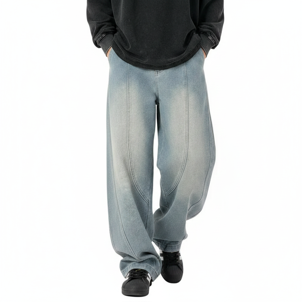 Men's Loose Fit Straight Leg Denim Pants with Mid Waist Design