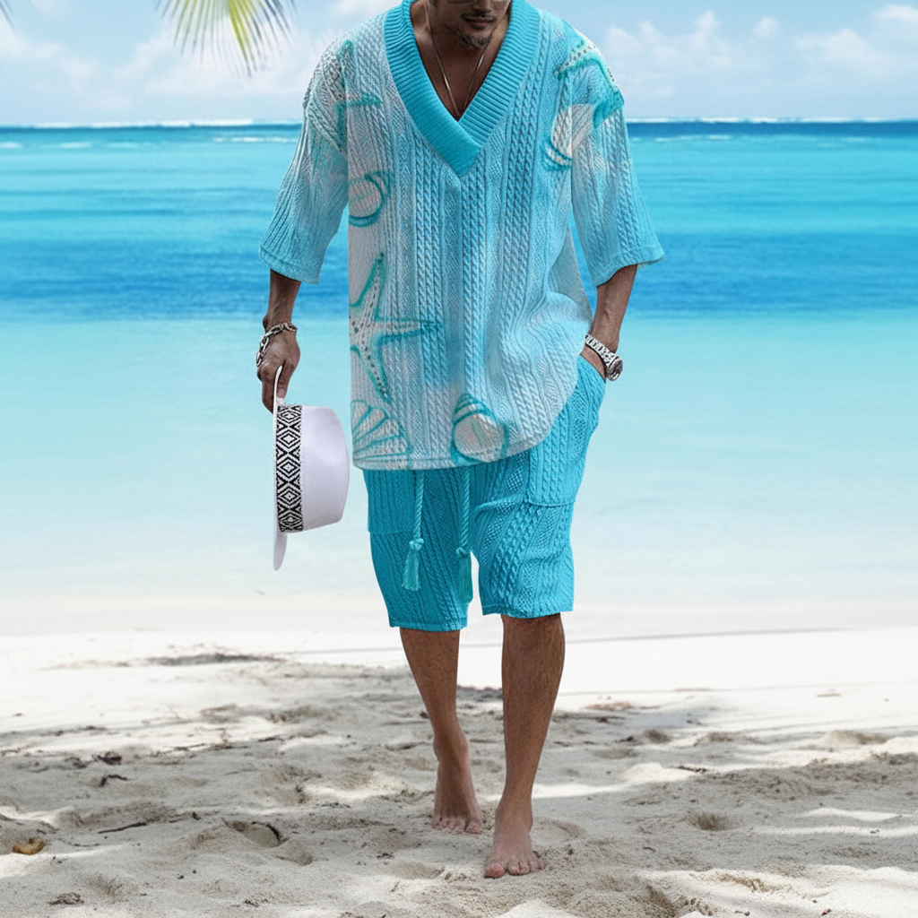 Men's Textured Knit Shirt and Drawstring Shorts Set and Casual Dress 3