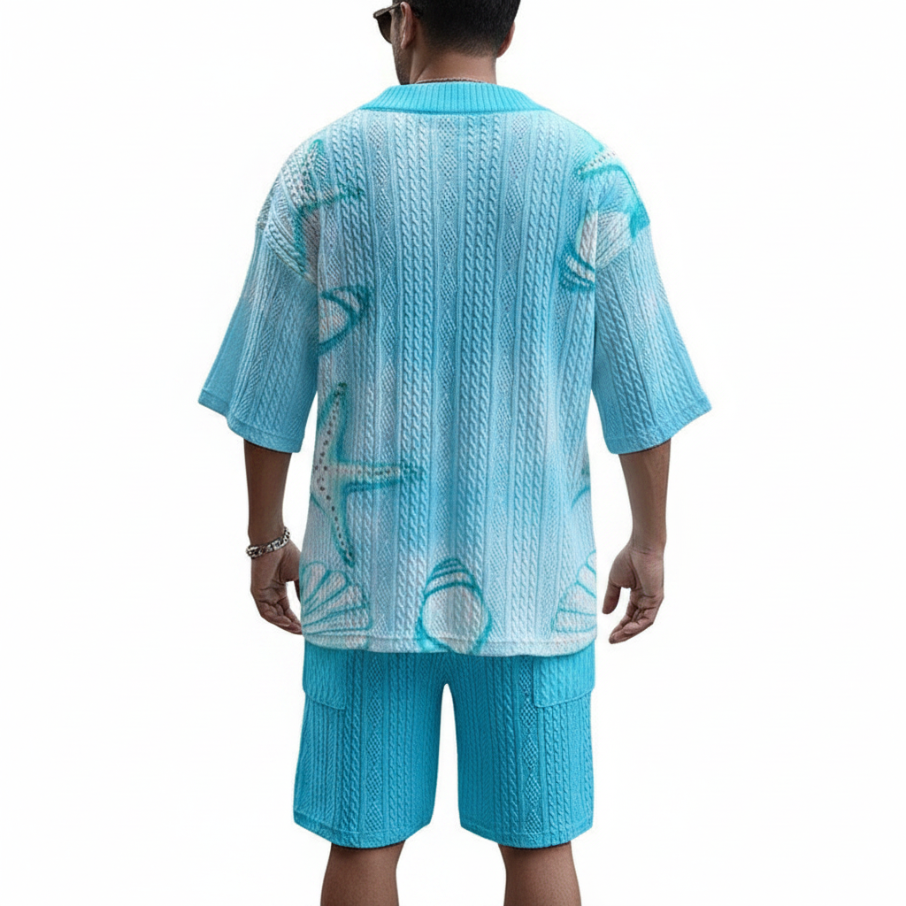 Men's Textured Knit Shirt and Drawstring Shorts Set and Casual Dress 6