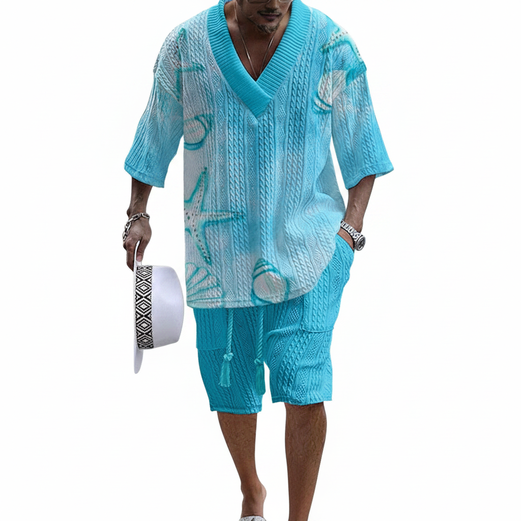 Men's Textured Knit Shirt and Drawstring Shorts Set and Casual Dress