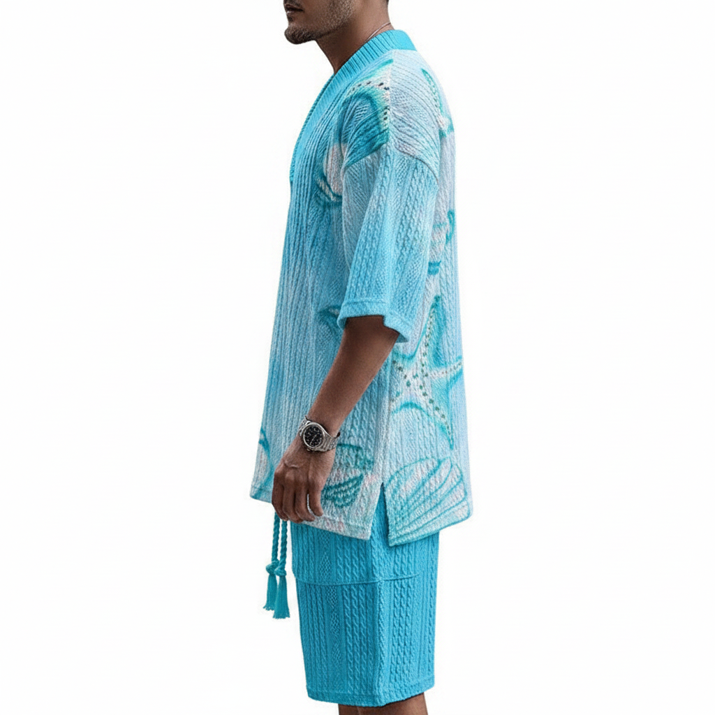 Men's Textured Knit Shirt and Drawstring Shorts Set and Casual Dress 7