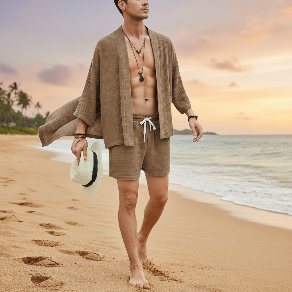 Men's Open Front Cotton Lounge Set with Drawstring Shorts 3