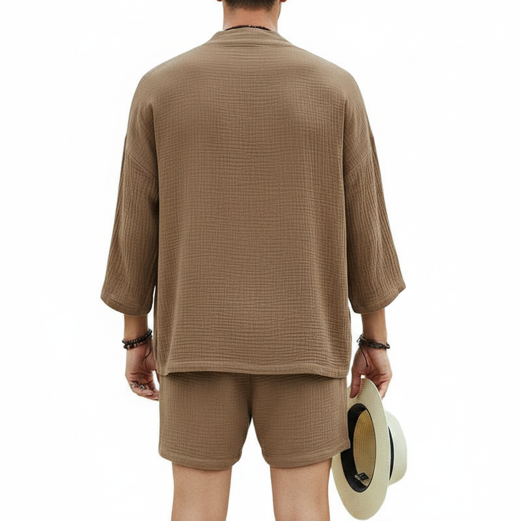 Men's Open Front Cotton Lounge Set with Drawstring Shorts 6