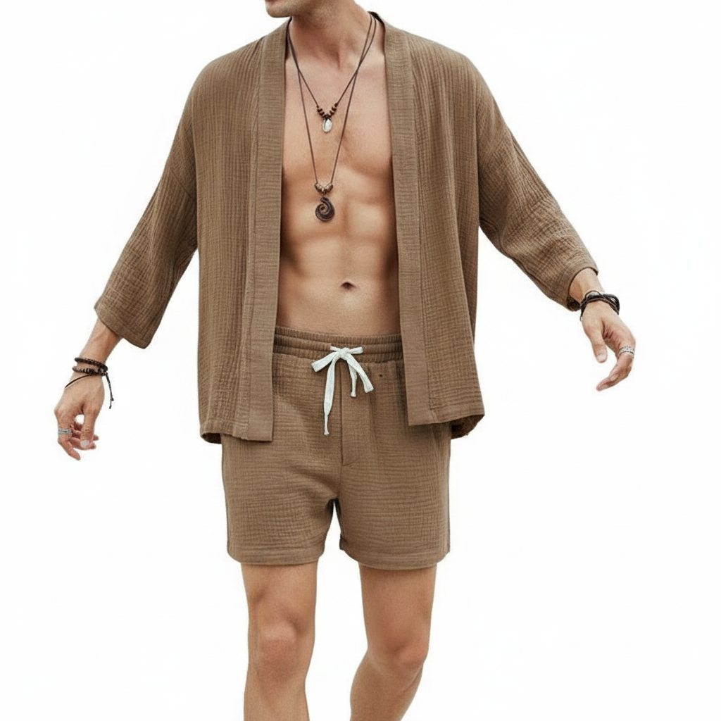 Men's Open Front Cotton Lounge Set with Drawstring Shorts