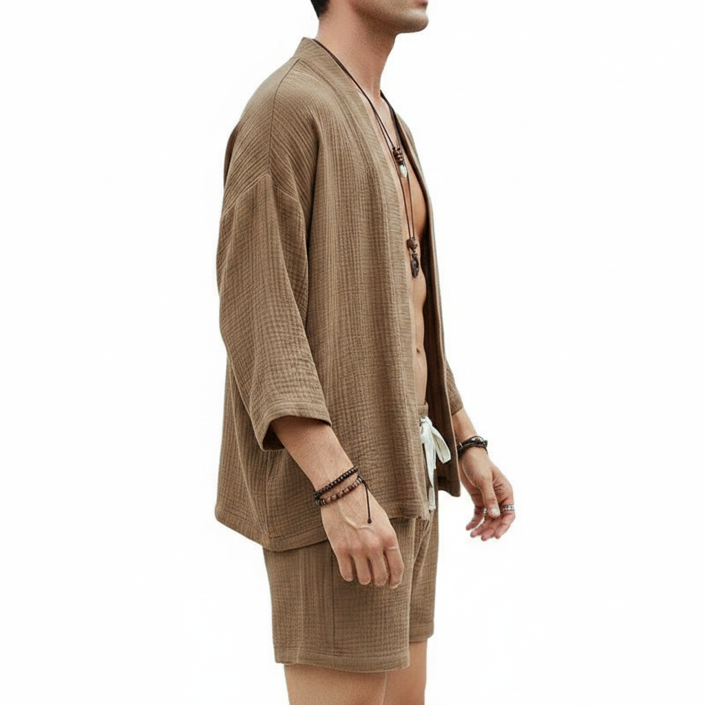Men's Open Front Cotton Lounge Set with Drawstring Shorts 7