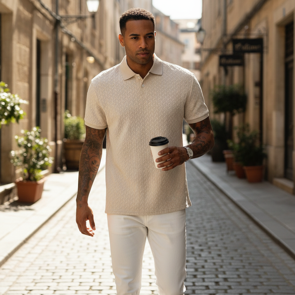 Mens Casual Short-sleeve Textured Polo Shirt Top 4