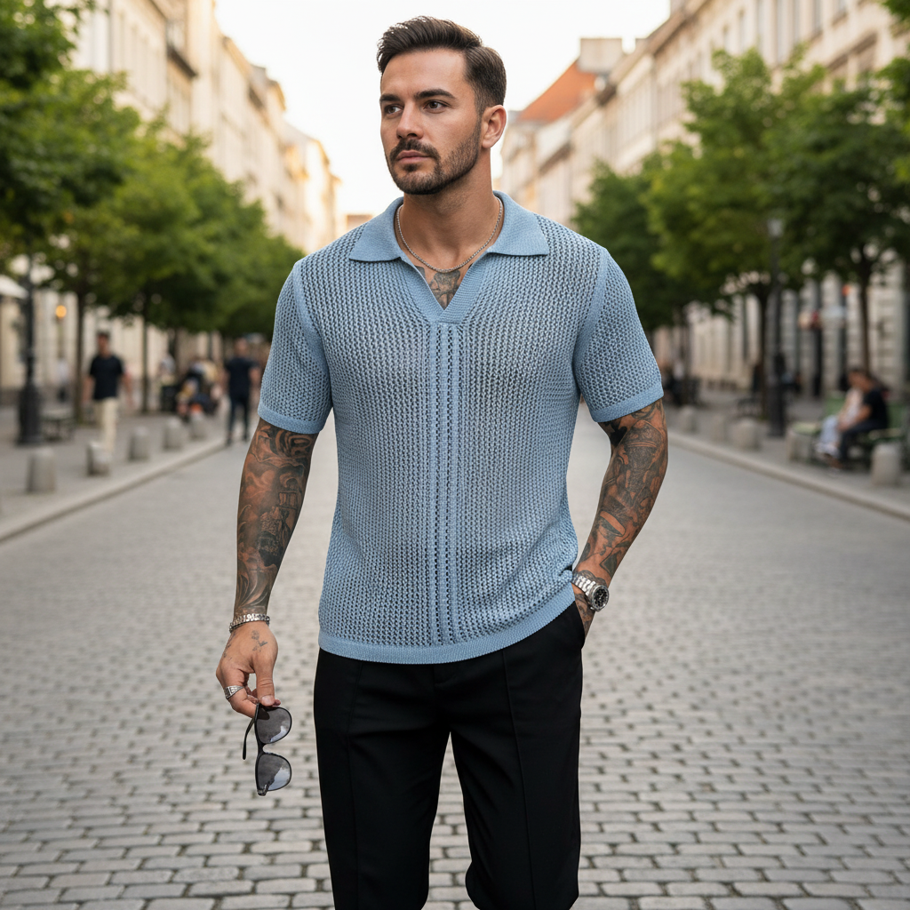 Mens Light Blue Mesh Hollow-Out Knitted Polo Shirt 3