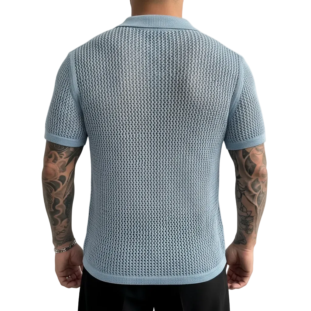 Mens Light Blue Mesh Hollow-Out Knitted Polo Shirt 7