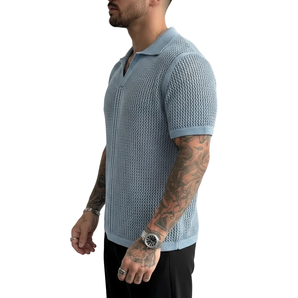 Mens Light Blue Mesh Hollow-Out Knitted Polo Shirt 6