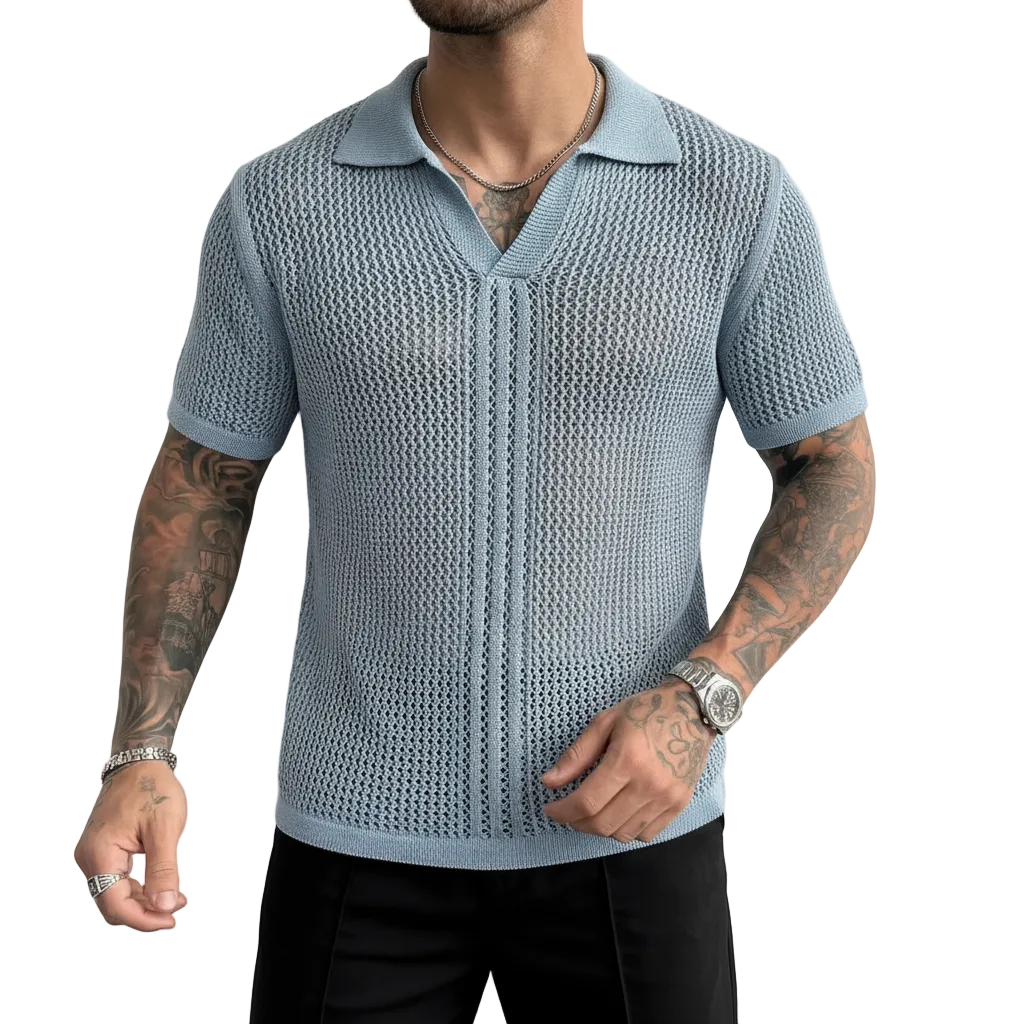 Mens Light Blue Mesh Hollow-Out Knitted Polo Shirt 1