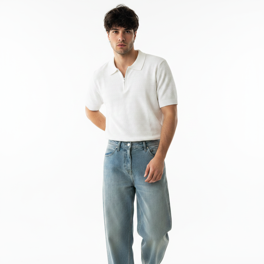 Mens Wear Textured Knitted Short-Sleeve Polo Shirt 1