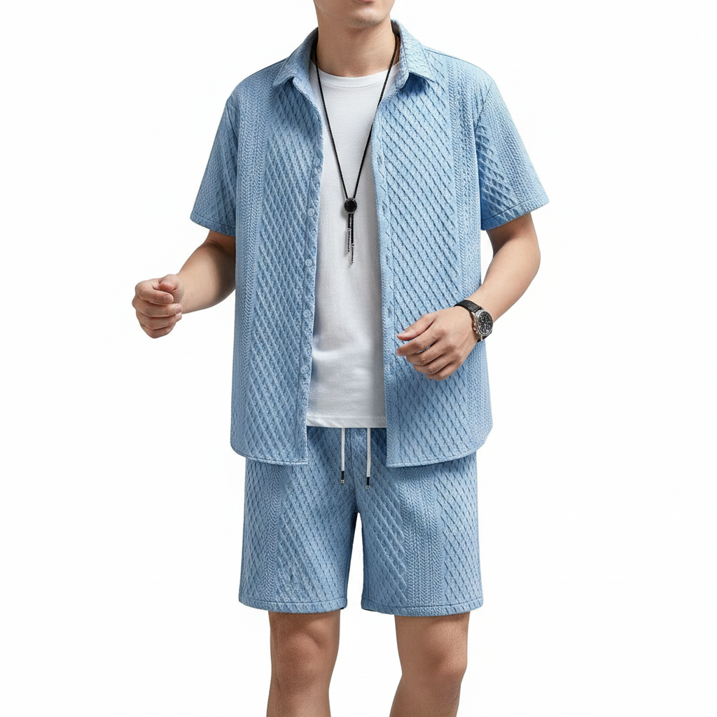 Men’s Textured Short Sleeve Button-Up Shirt with Drawstring Shorts Set in Light Blue