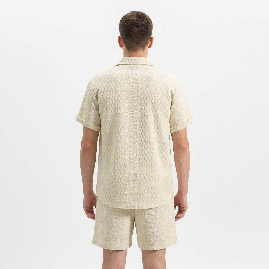 Men’s Textured Short Sleeve Button-Up Shirt with Drawstring Shorts Set in Light Blue 10