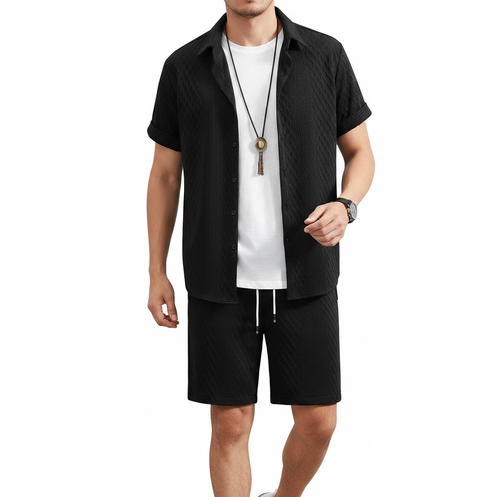 Men’s Textured Short Sleeve Button-Up Shirt with Drawstring Shorts Set in Light Blue 13