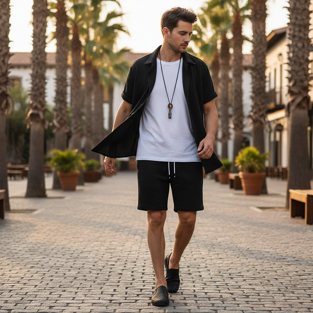 Men’s Textured Short Sleeve Button-Up Shirt with Drawstring Shorts Set in Light Blue 16