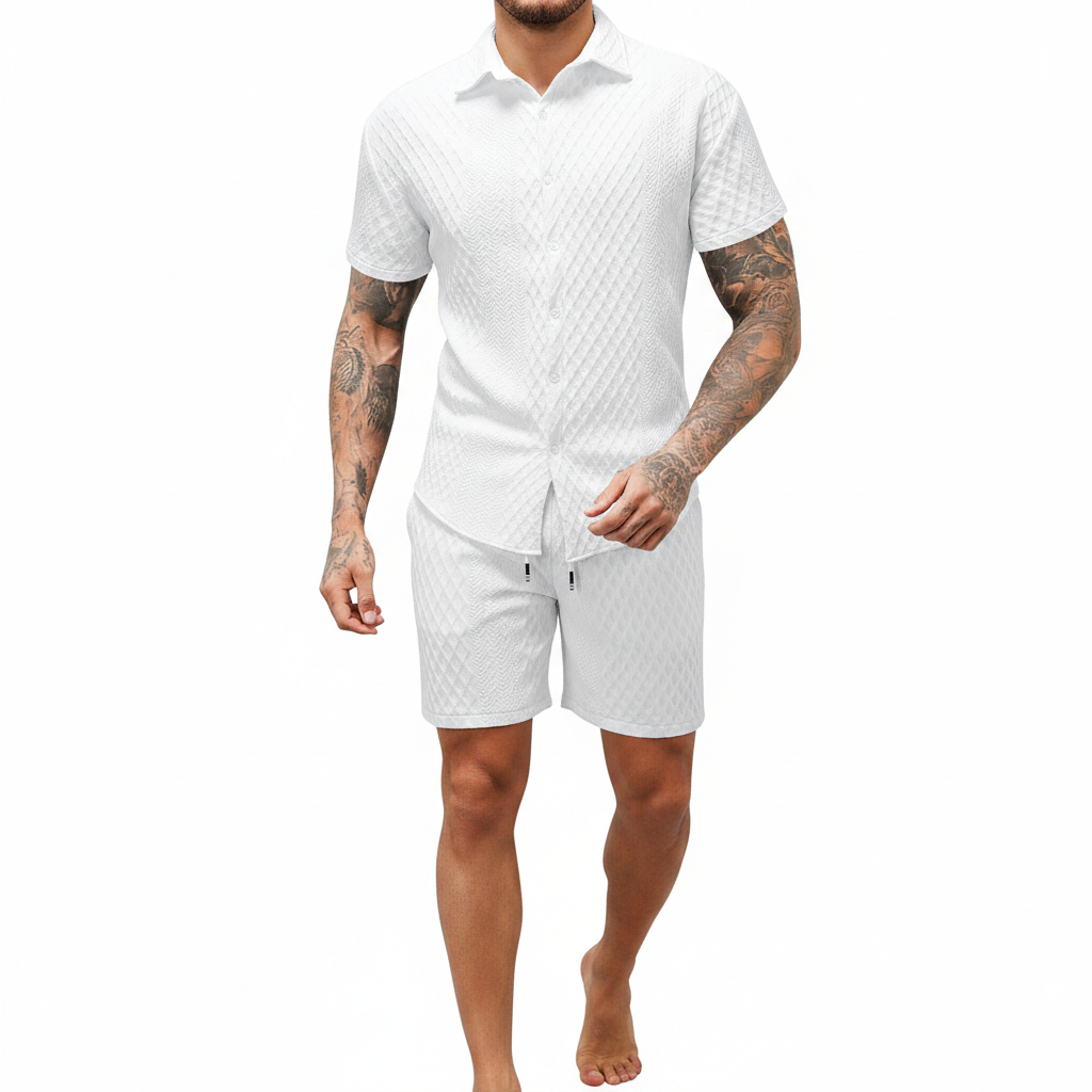 Men’s Textured Short Sleeve Button-Up Shirt with Drawstring Shorts Set in Light Blue 17