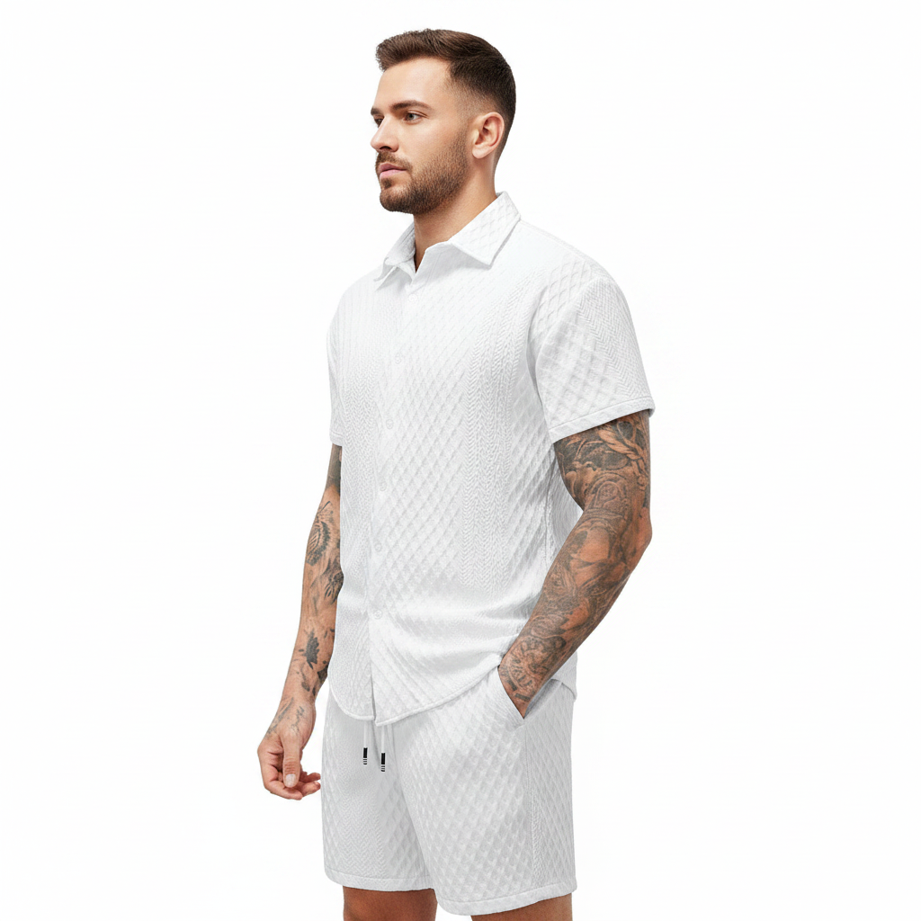 Men’s Textured Short Sleeve Button-Up Shirt with Drawstring Shorts Set in Light Blue 18