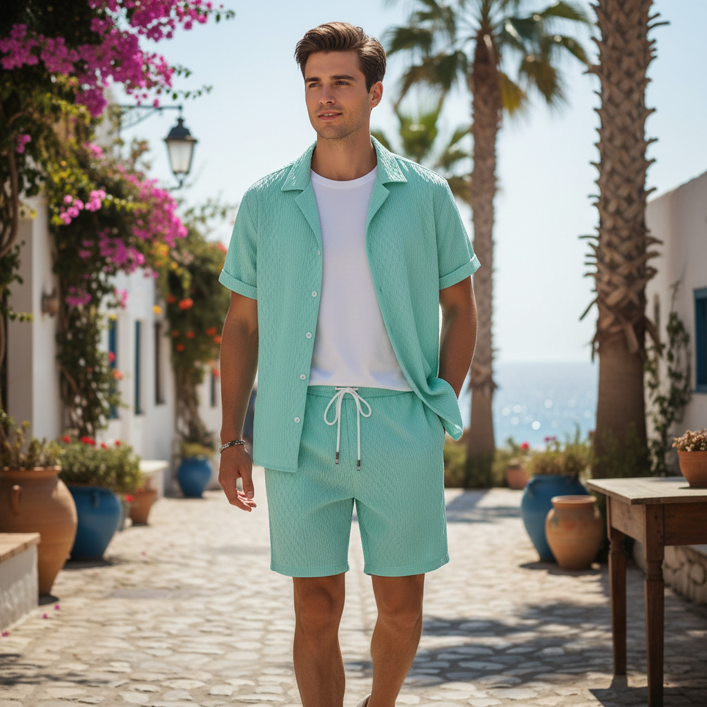 Men’s Textured Short Sleeve Button-Up Shirt with Drawstring Shorts Set in Light Blue 24