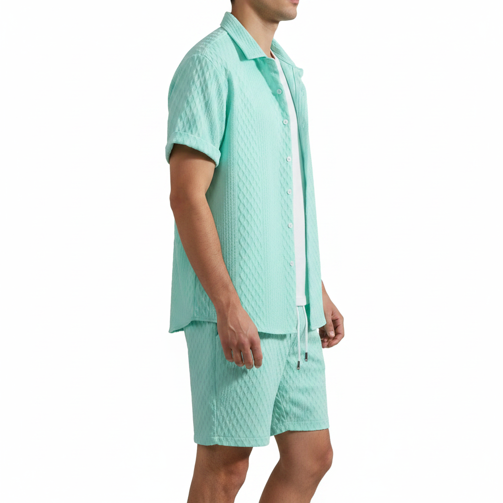 Men’s Textured Short Sleeve Button-Up Shirt with Drawstring Shorts Set in Light Blue 23
