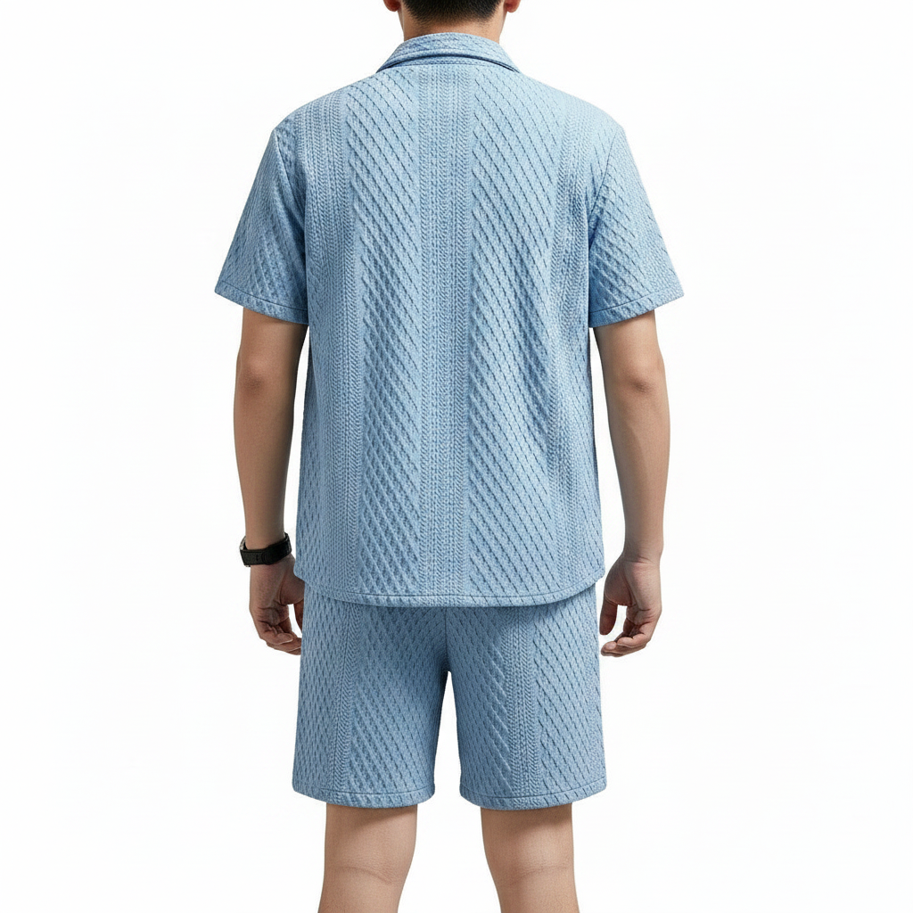 Men’s Textured Short Sleeve Button-Up Shirt with Drawstring Shorts Set in Light Blue 6