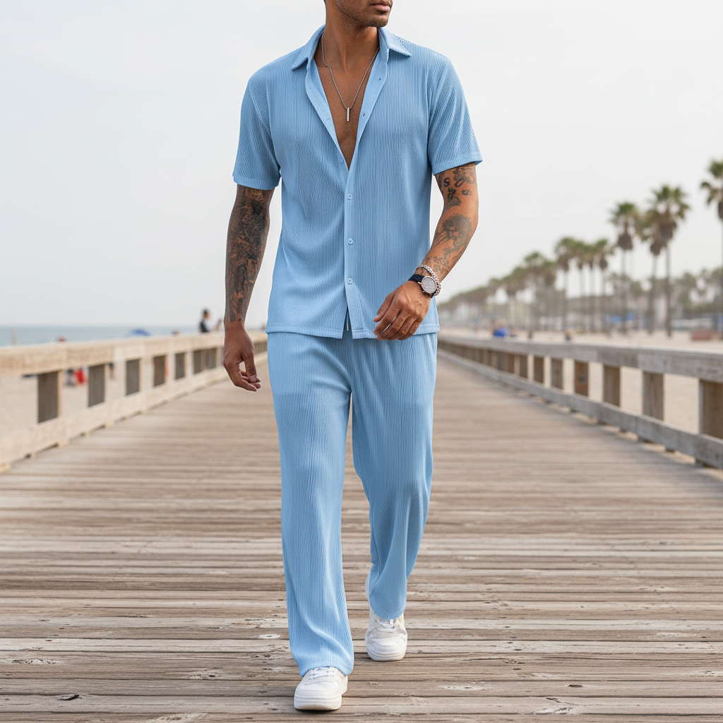 Men’s Ribbed Short Sleeve Button-Up Shirt with Full-Length Pants Set in Beige 30