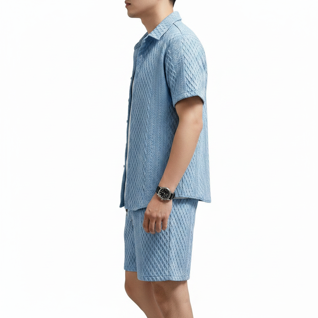 Men’s Ribbed Short Sleeve Button-Up Shirt with Full-Length Pants Set in Beige 28