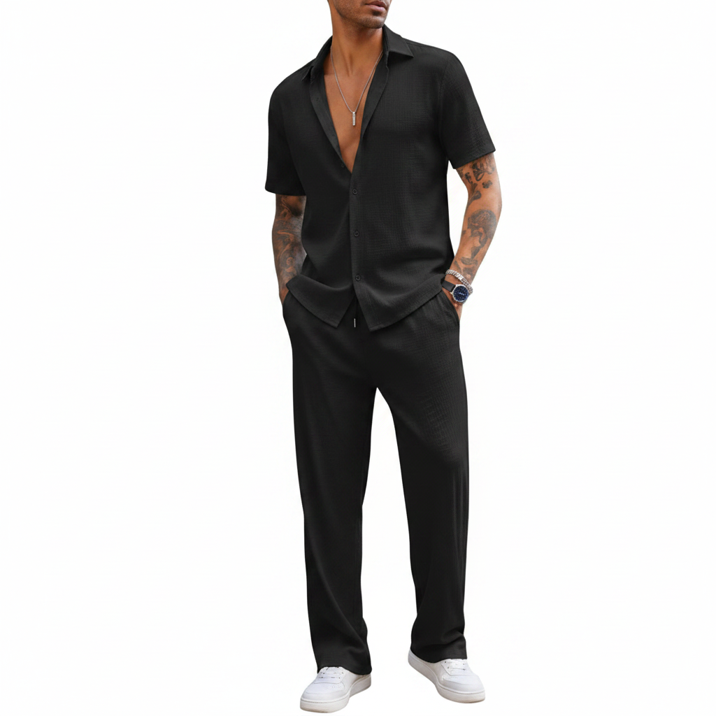 Men’s Ribbed Short Sleeve Button-Up Shirt with Full-Length Pants Set in Beige 19