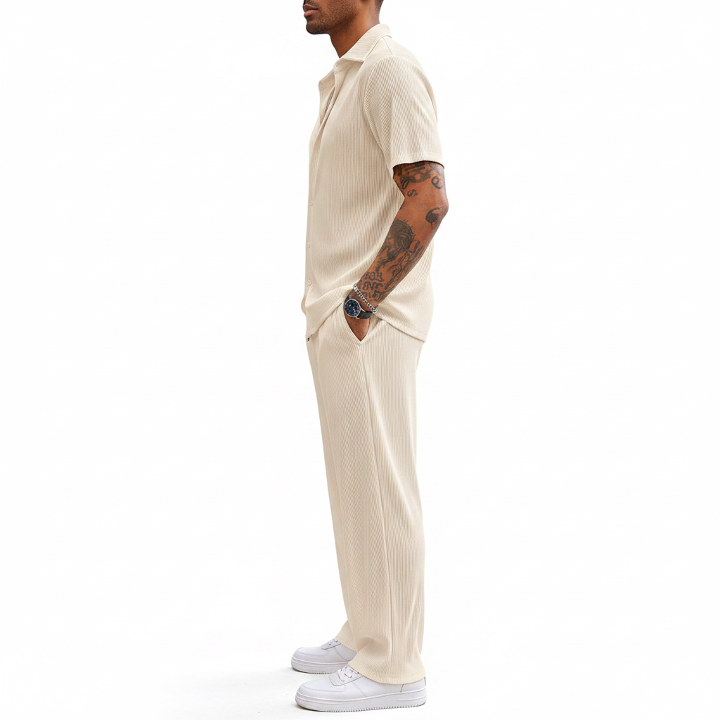 Men’s Ribbed Short Sleeve Button-Up Shirt with Full-Length Pants Set in Beige 18