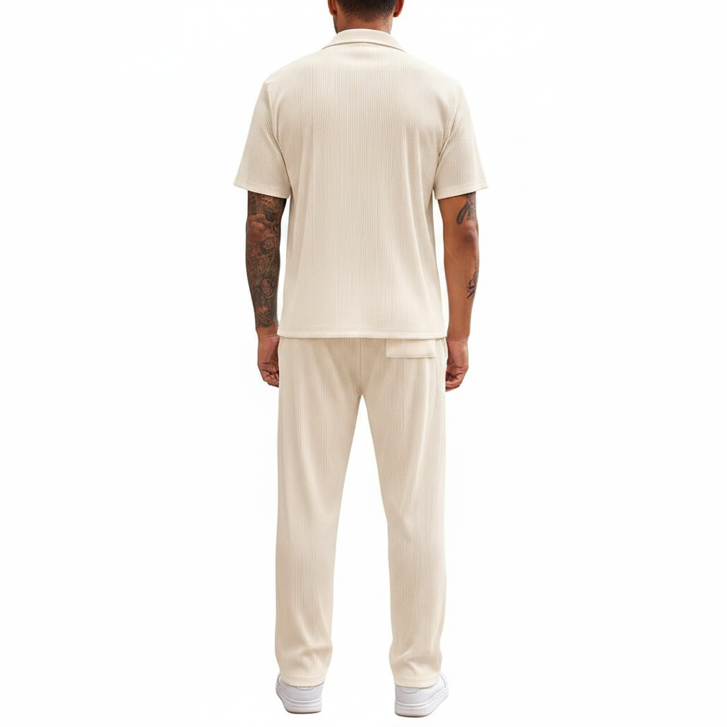 Men’s Ribbed Short Sleeve Button-Up Shirt with Full-Length Pants Set in Beige 17