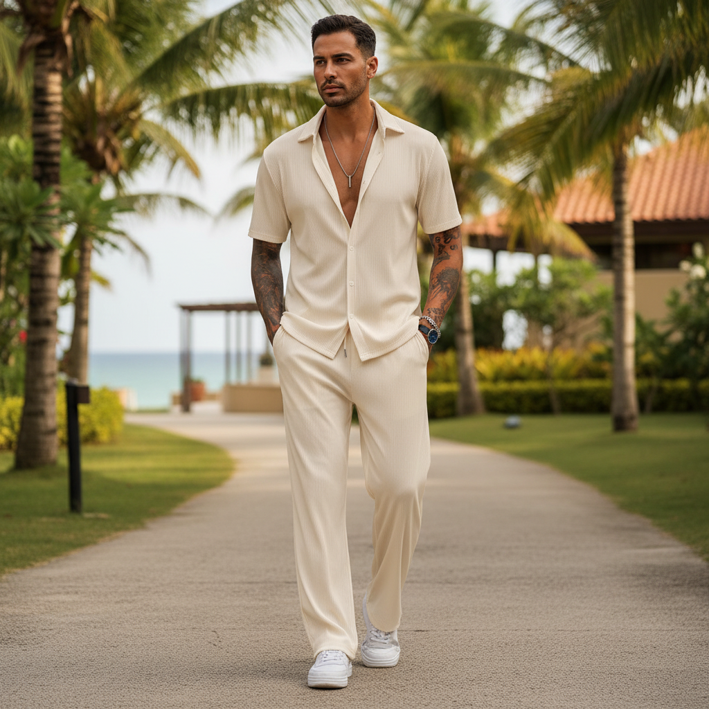 Men’s Ribbed Short Sleeve Button-Up Shirt with Full-Length Pants Set in Beige 16