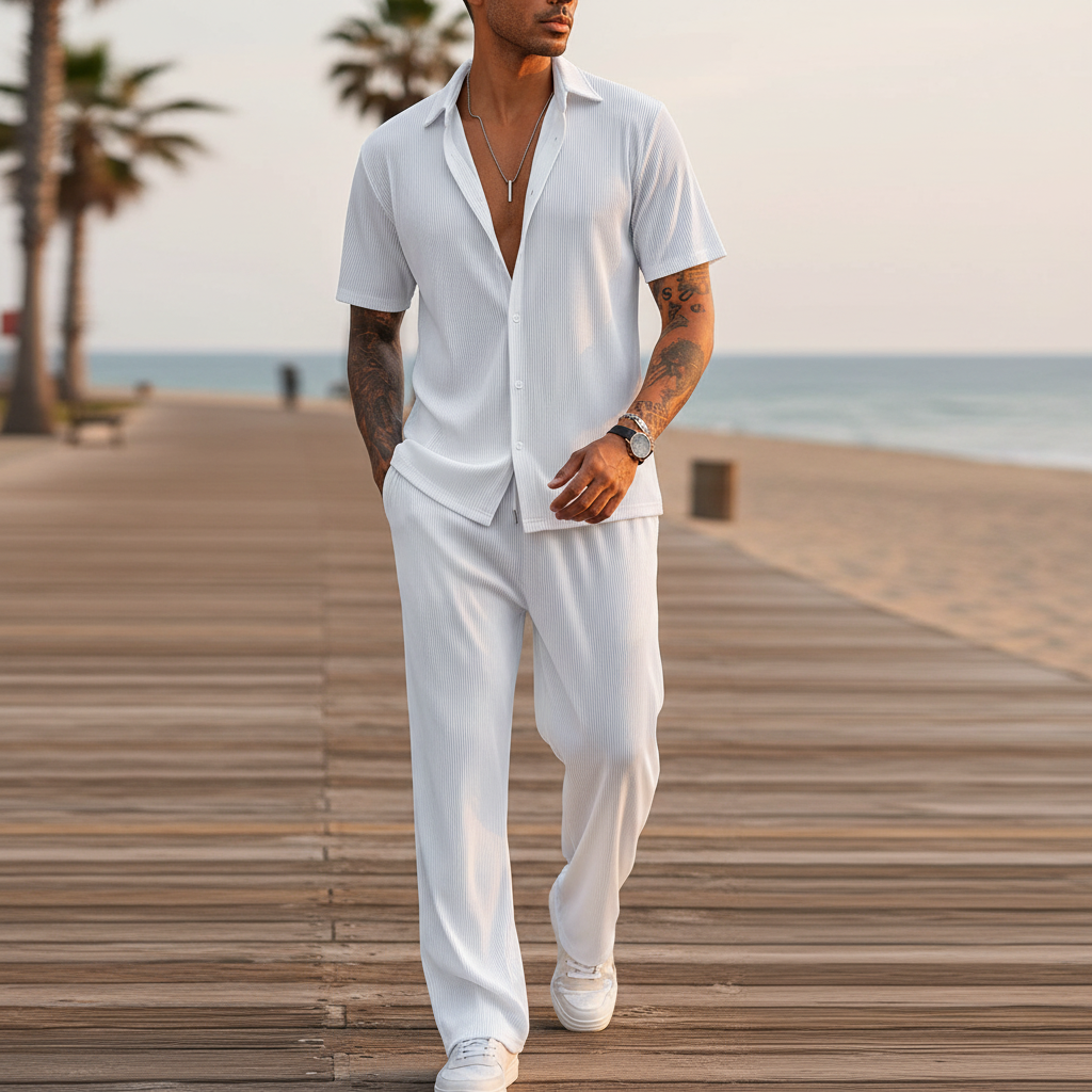 Men’s Ribbed Short Sleeve Button-Up Shirt with Full-Length Pants Set in Beige 14