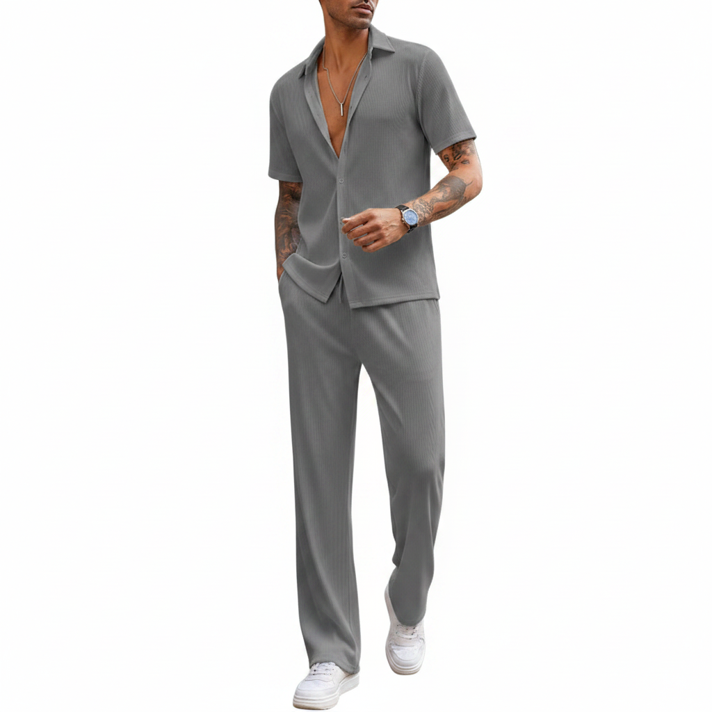 Men’s Ribbed Short Sleeve Button-Up Shirt with Full-Length Pants Set in Beige 9